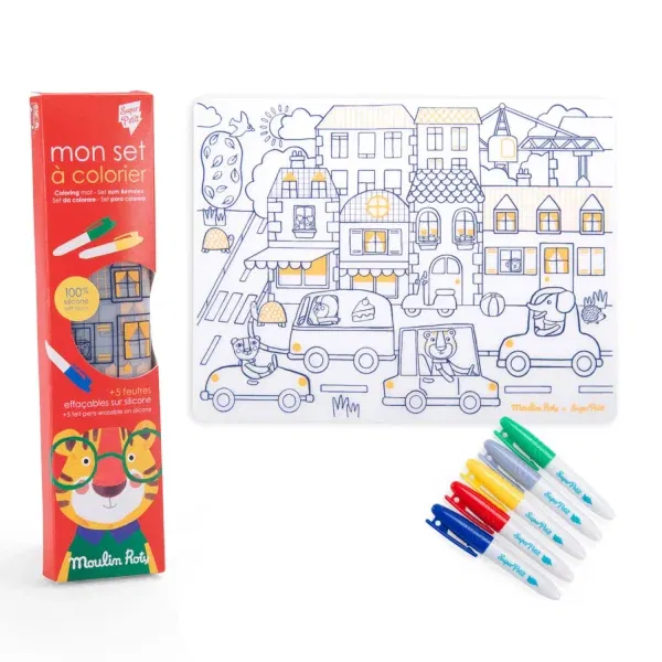 Tovaglietta silicone da colorare + 5 pennarelli Popipop Moulin Roty