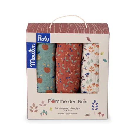 Set 3 teli mussola 70x70 Pomme des Bois Moulin Roty